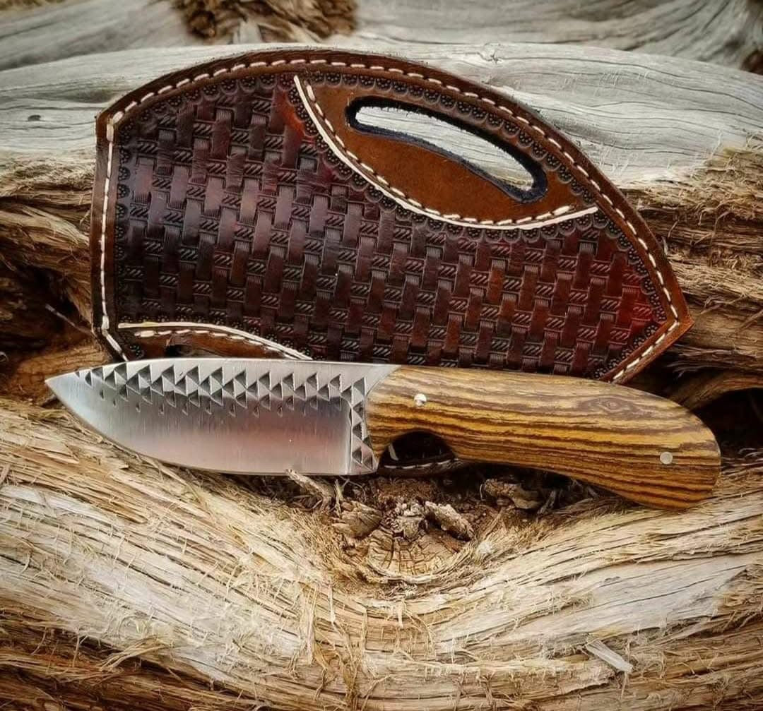 AlphaLife247 8-inch hand-forged rasp tool steel knife with polished rosewood handle and leather belt-loop sheath for hunting and camping.