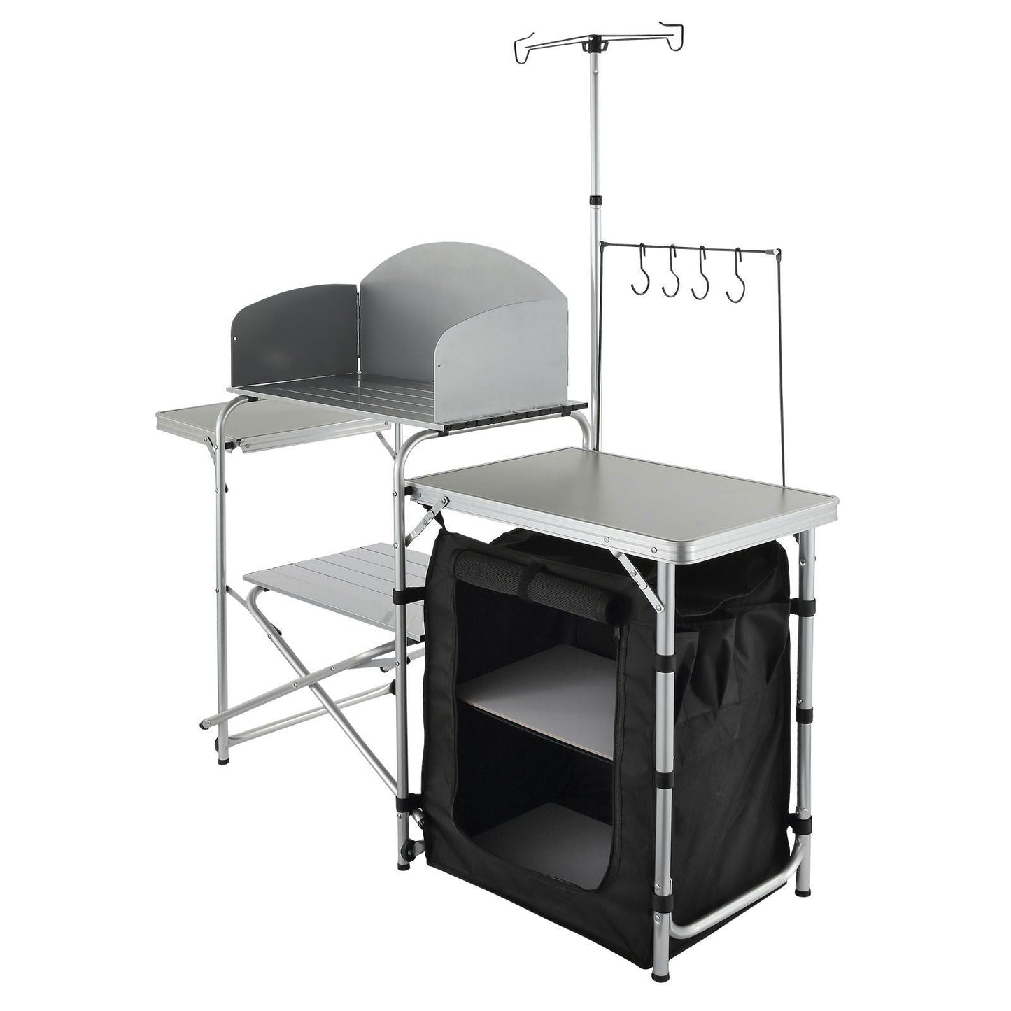 AlphaLife247 Folding Aluminum Camp Kitchen Table, portable outdoor cook station with windscreen, storage shelves, zippered compartments, and lantern stand.