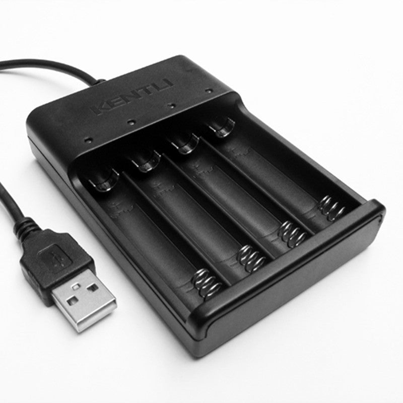 AlphaLife247 Kentli 4-slot lithium battery charger with integrated USB cable, designed for portable, reliable power management during emergency and off-grid field operations.