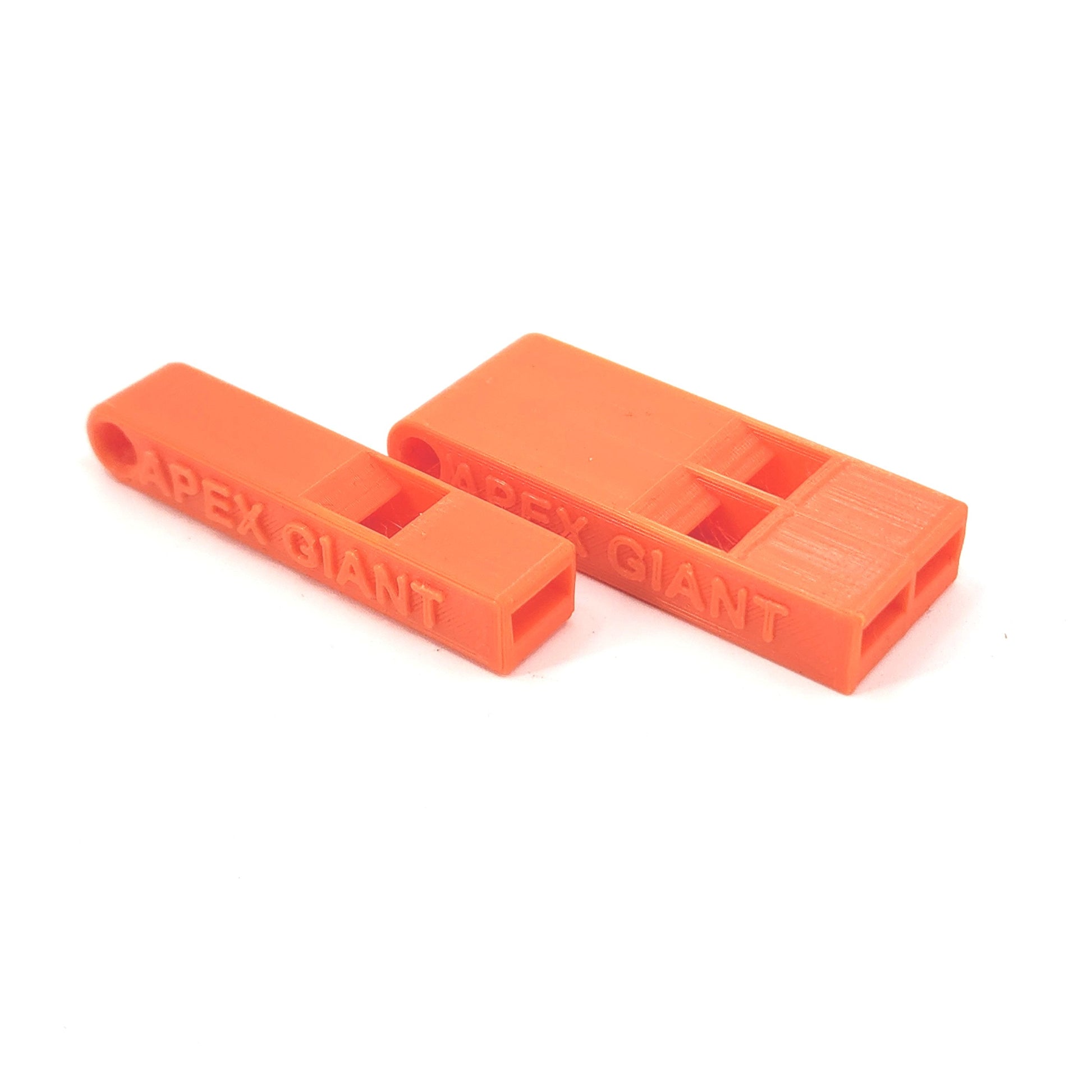 AlphaLife247's Apex Giant ultralight emergency single and double barrel orange whistles made from biodegradable PLA, perfect for backcountry safety.