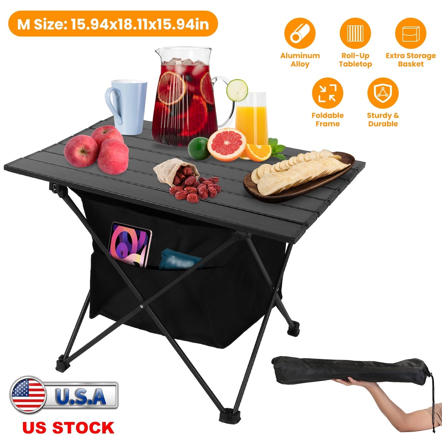 Table Foldable Aluminum w/Storage Basket & Carry Bag