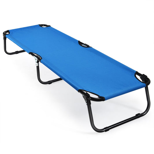 An AlphaLife247 blue folding camping cot with a durable black iron frame, shown on a white background, highlighting its elevated design for outdoor comfort and equipment reliability.