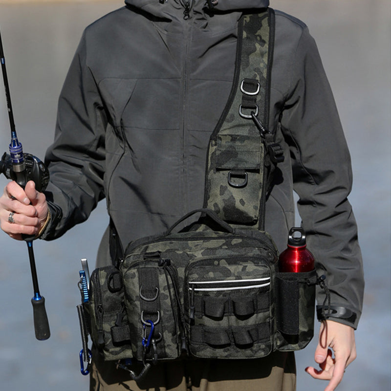 AlphaLife247 Versatile 600D Nylon Fishing Tackle Bag with integrated rod holder and multi-pocket storage.