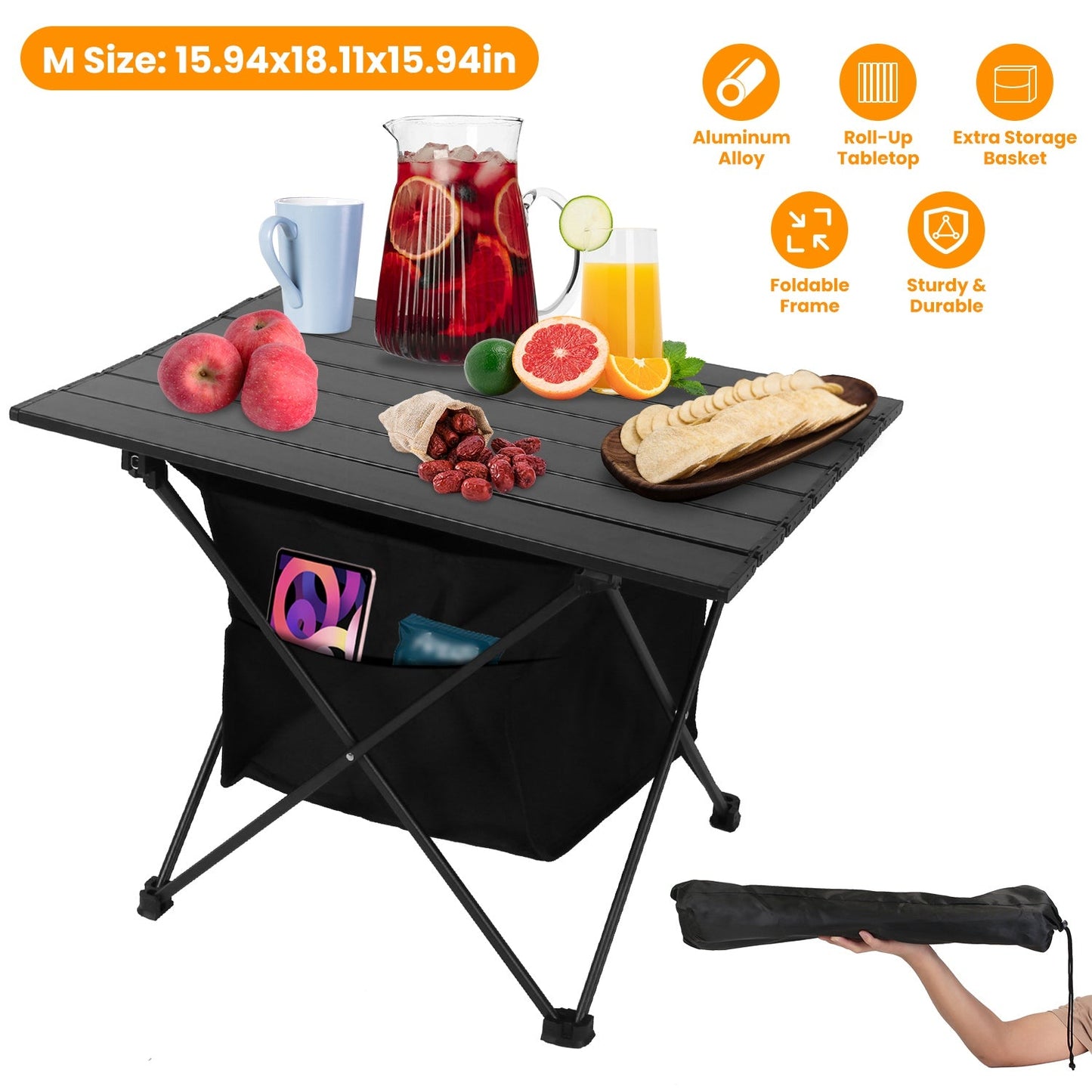 Table Foldable Aluminum w/Storage Basket & Carry Bag