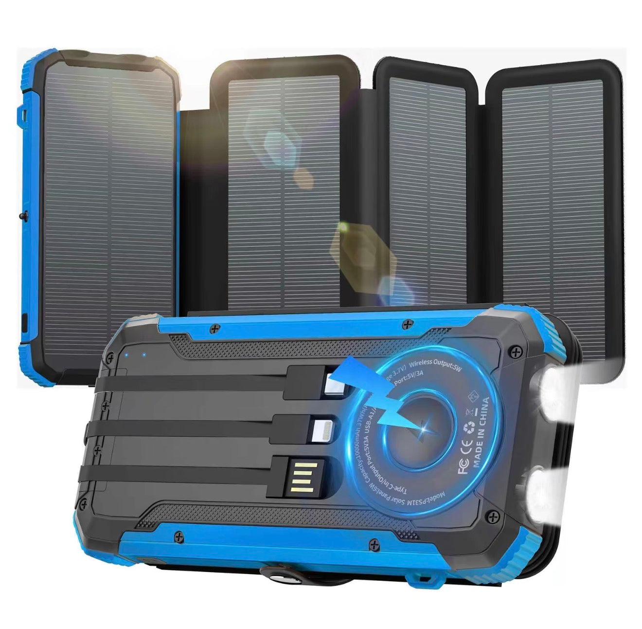 AlphaLife247 Portable Solar Power Bank with 20,000mAh capacity and integrated fast-charging cables