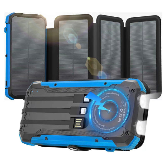 AlphaLife247 Portable Solar Power Bank with 20,000mAh capacity and integrated fast-charging cables
