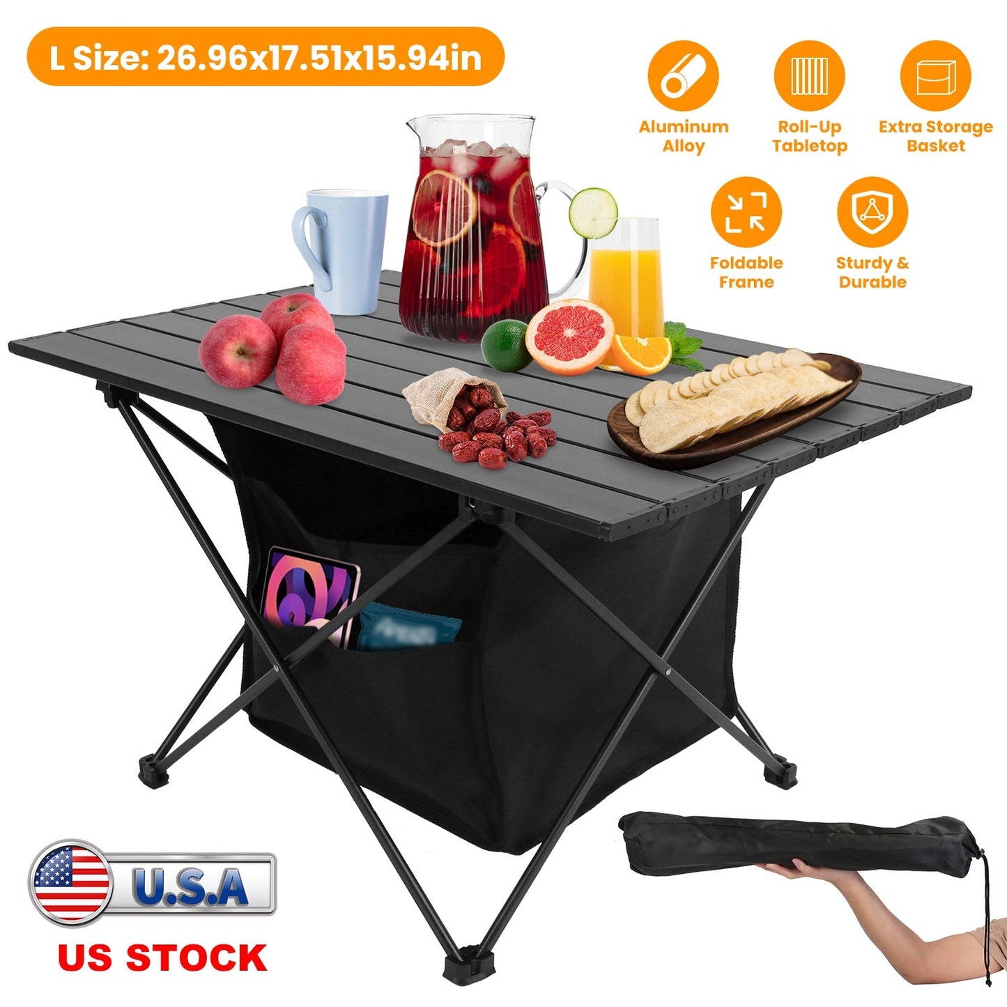 Table Foldable Aluminum w/Storage Basket & Carry Bag