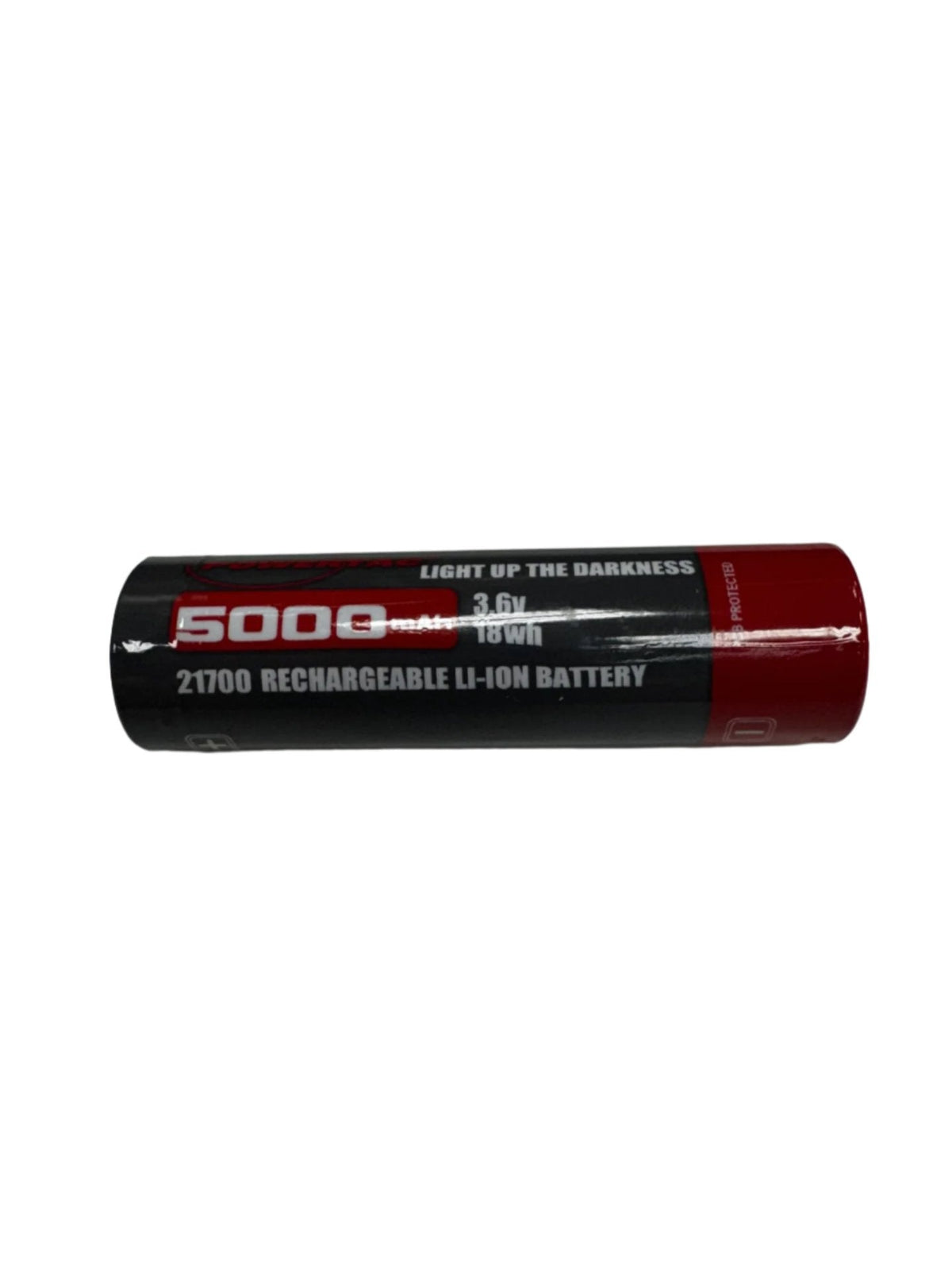 An AlphaLife247 Powertac 5000mAh high-capacity 21700 rechargeable lithium-ion battery with PCB protection, designed for reliable use in 21700-compatible tactical flashlights and high-demand portable electronics.