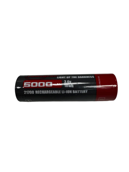 An AlphaLife247 Powertac 5000mAh high-capacity 21700 rechargeable lithium-ion battery with PCB protection, designed for reliable use in 21700-compatible tactical flashlights and high-demand portable electronics.