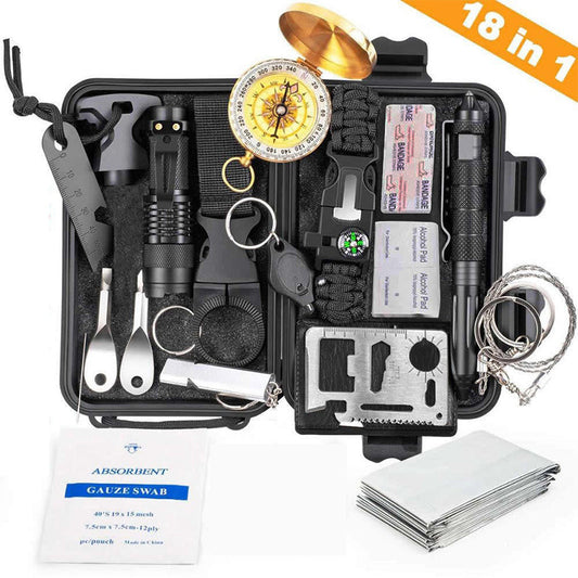 AlphaLife247 18-in-1 Military-Grade Survival Kit featuring tactical tools and emergency medical supplies in a compact carrying case.
