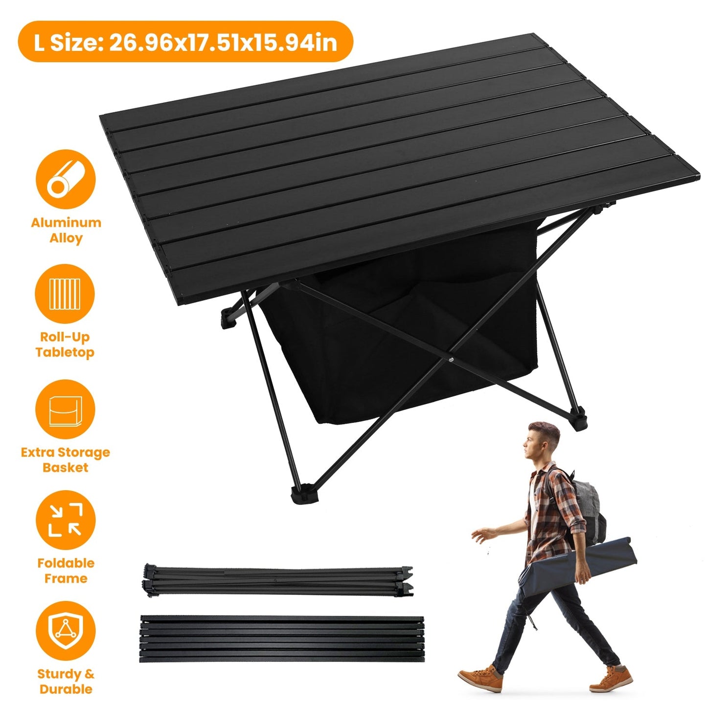Table Foldable Aluminum w/Storage Basket & Carry Bag