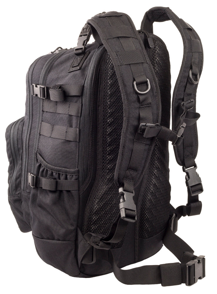 Black tactical backpack on a white background