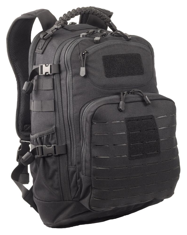 Black tactical backpack with multiple zippers and patches on a white background