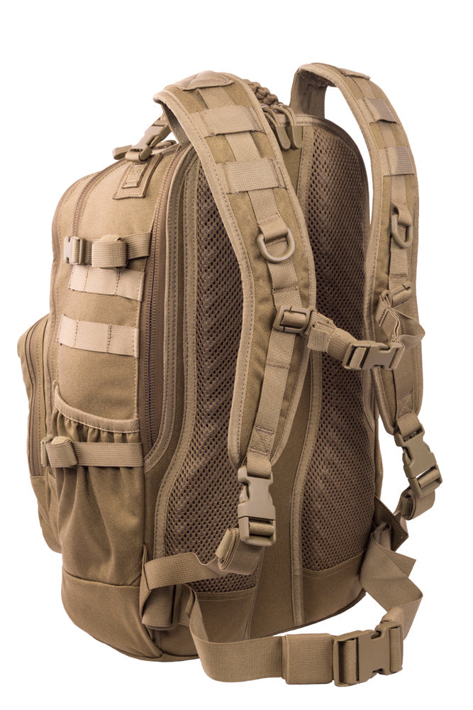 Tan tactical backpack on a white background