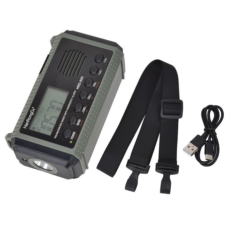 AlphaLife247 HRD-905 Emergency Hub with 10,000mAh tactical power bank, digital full-band radio receiver, and integrated emergency flashlight for field survival and power independence.