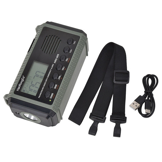 AlphaLife247 HRD-905 Emergency Hub with 10,000mAh tactical power bank, digital full-band radio receiver, and integrated emergency flashlight for field survival and power independence.