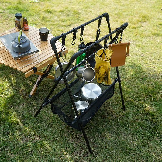 AlphaLife247 Multifunctional Folding Camping Rack, aluminum alloy drying and storage shelf for organized outdoor gear management.
