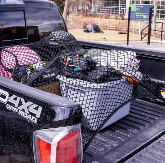 AlphaLife247 StretchHold elastic cargo net with 6 metal carabiners, optimized for secure gear containment in truck beds and SUVs.