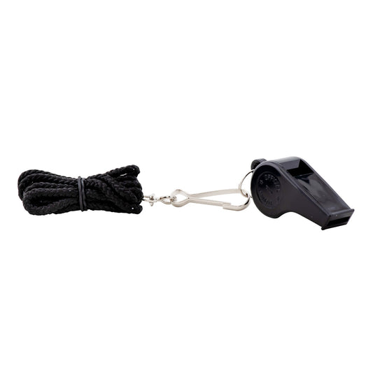 AlphaLife247 classic black plastic emergency whistle with internal cork pill and steel ring for secure lanyard attachment.