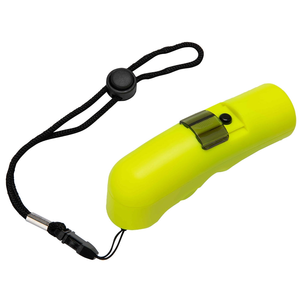 AlphaLife247 high-visibility yellow 120db electronic emergency whistle with wrist lanyard for reliable signaling.