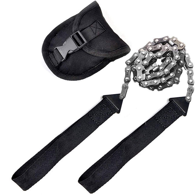 AlphaLife247 portable manual chain saw with 11 or 33 teeth options, optimized for camping, bushcraft, and emergency field clearing.
