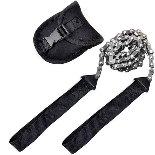 AlphaLife247 portable manual chain saw with 11 or 33 teeth options, optimized for camping, bushcraft, and emergency field clearing.