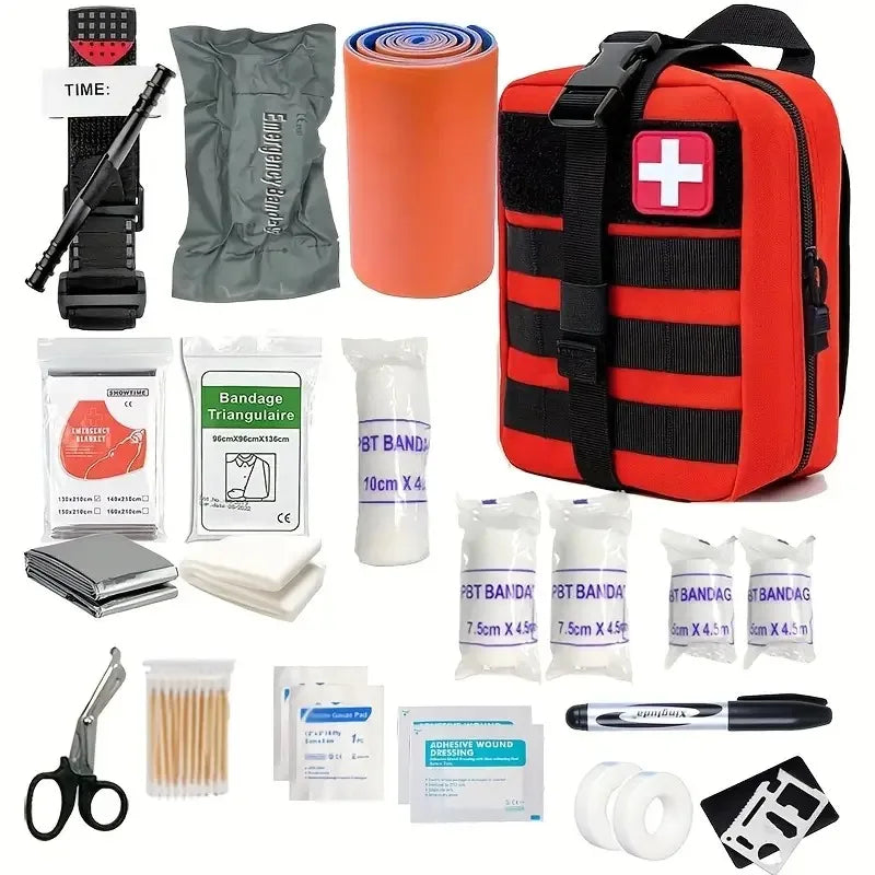 AlphaLife247 70-piece comprehensive survival first aid kit with essential trauma and medical supplies for outdoor emergencies.