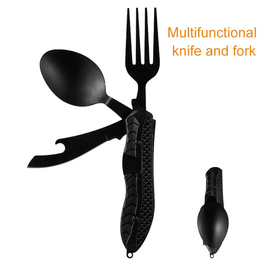 AlphaLife247 Stainless Steel Folding Camping Cutlery Set, multifunctional knife, fork, and spoon, compact and detachable tool for hiking, camping, and outdoor travel.