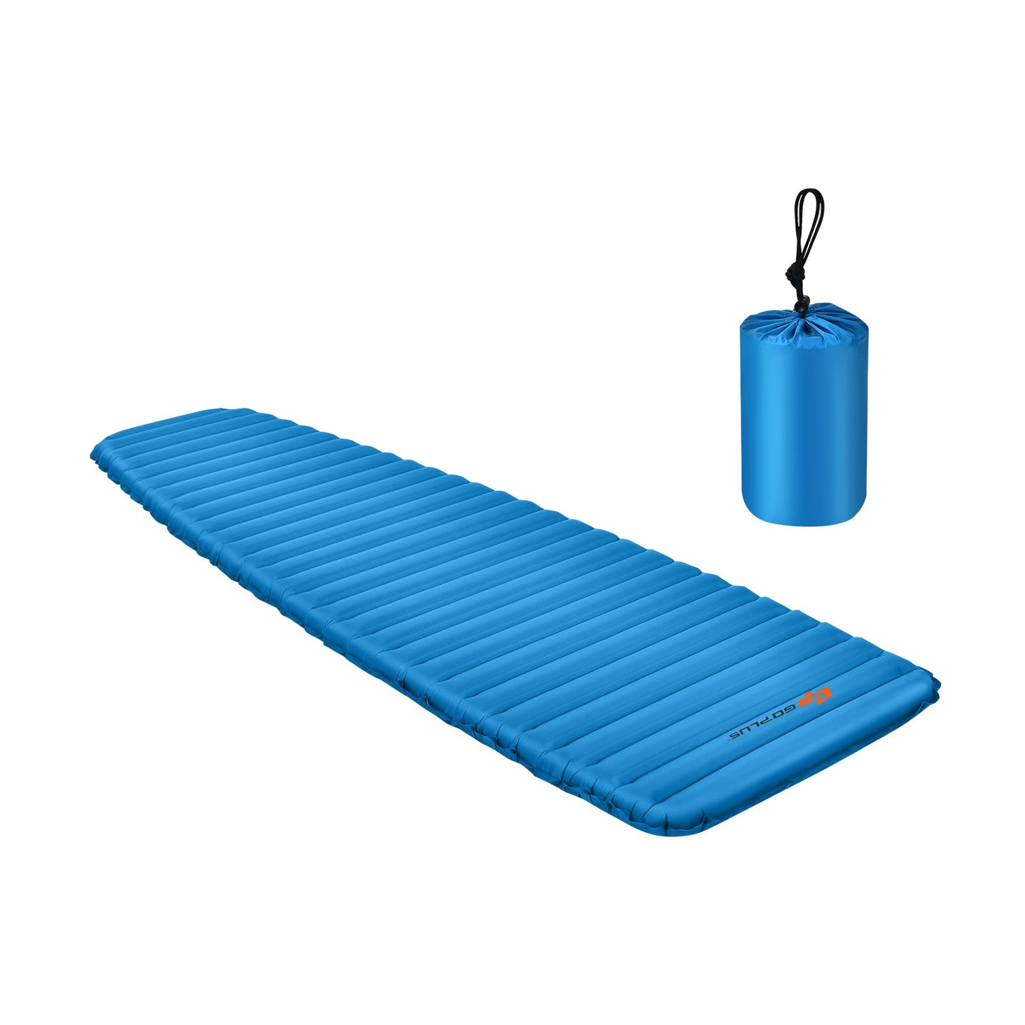 An AlphaLife247 blue inflatable camping sleeping pad shown next to its matching blue storage bag on a white background, highlighting its durable waterproof construction and compact, portable design for expedition rest.