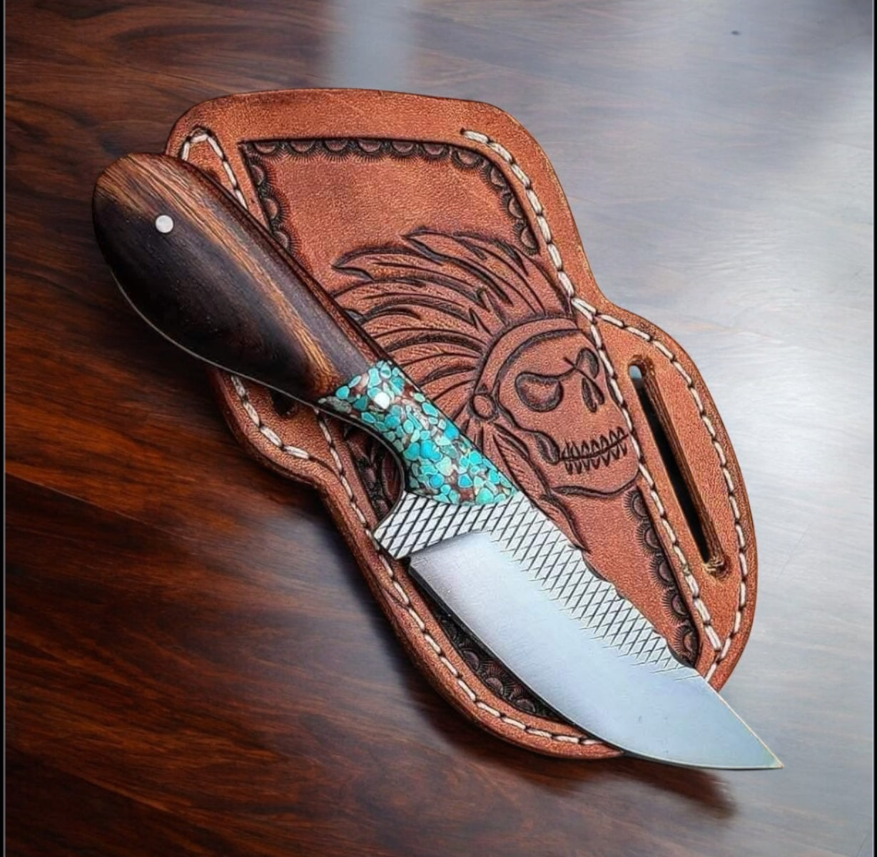 AlphaLife247 9-inch everyday carry knife with rasp tool steel blade, rosewood and stone handle, and leather belt loop sheath for outdoor and daily use.