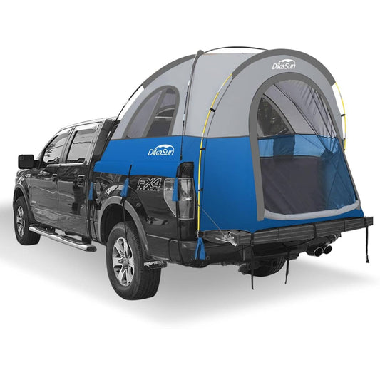 Blue and gray truck bed camping tent mounted on a pickup truck, shown on a white background, highlighting its efficient double-layer design for mobile overlanding and outdoor adventures.