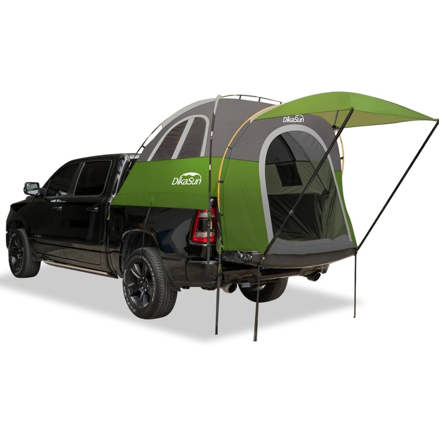 Green and gray truck bed camping tent with an integrated awning, mounted on a black pickup truck, shown on a white background, highlighting its efficient design for mobile overlanding and adventure travel