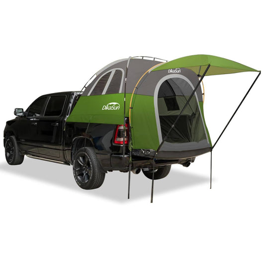 Green and gray truck bed camping tent with an integrated awning, mounted on a black pickup truck, shown on a white background, highlighting its efficient design for mobile overlanding and adventure travel
