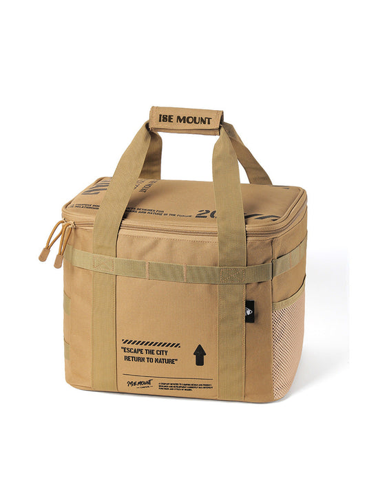 An AlphaLife247 multifunctional 20L storage bag in khaki, featuring a modular interior with Velcro partitions and reinforced handles, specifically designed for protecting and transporting camping stoves and gas tanks.