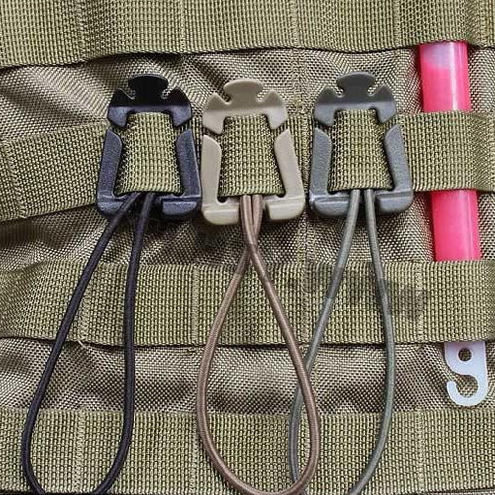 MOLLE tactical gear retention clips with adjustable shock cord loops, displayed against a clean white background for AlphaLife247 gear inventory.