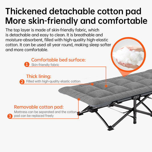 AlphaLife247 Foldable Outdoor Cot with Detachable Cotton Pad, high-capacity portable camping bed for outdoor comfort and guest use.