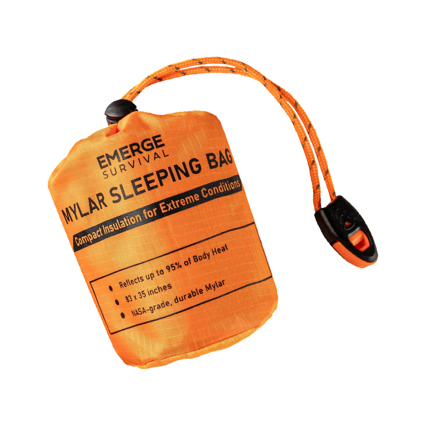 AlphaLife247 Emergency Survival Mylar Sleeping Bag with integrated whistle and paracord.