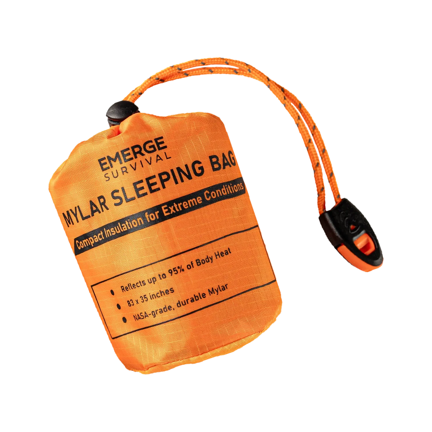 AlphaLife247 Emergency Survival Mylar Sleeping Bag with integrated whistle and paracord.