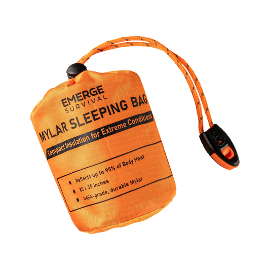 AlphaLife247 Emergency Survival Mylar Sleeping Bag with integrated whistle and paracord.