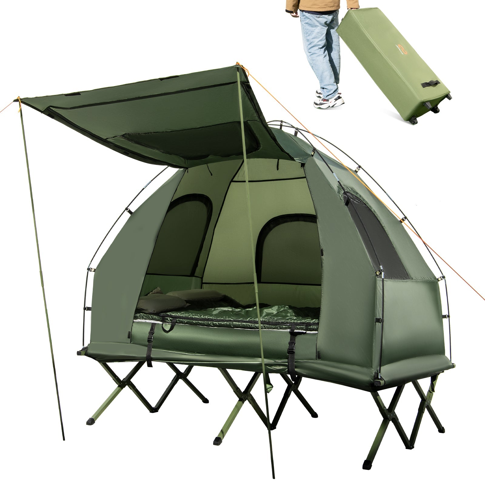 Two-person elevated foldable tent cot system, green, featuring an integrated bed and gear bag, ideal for comfortable and protected camping in rugged outdoor environments