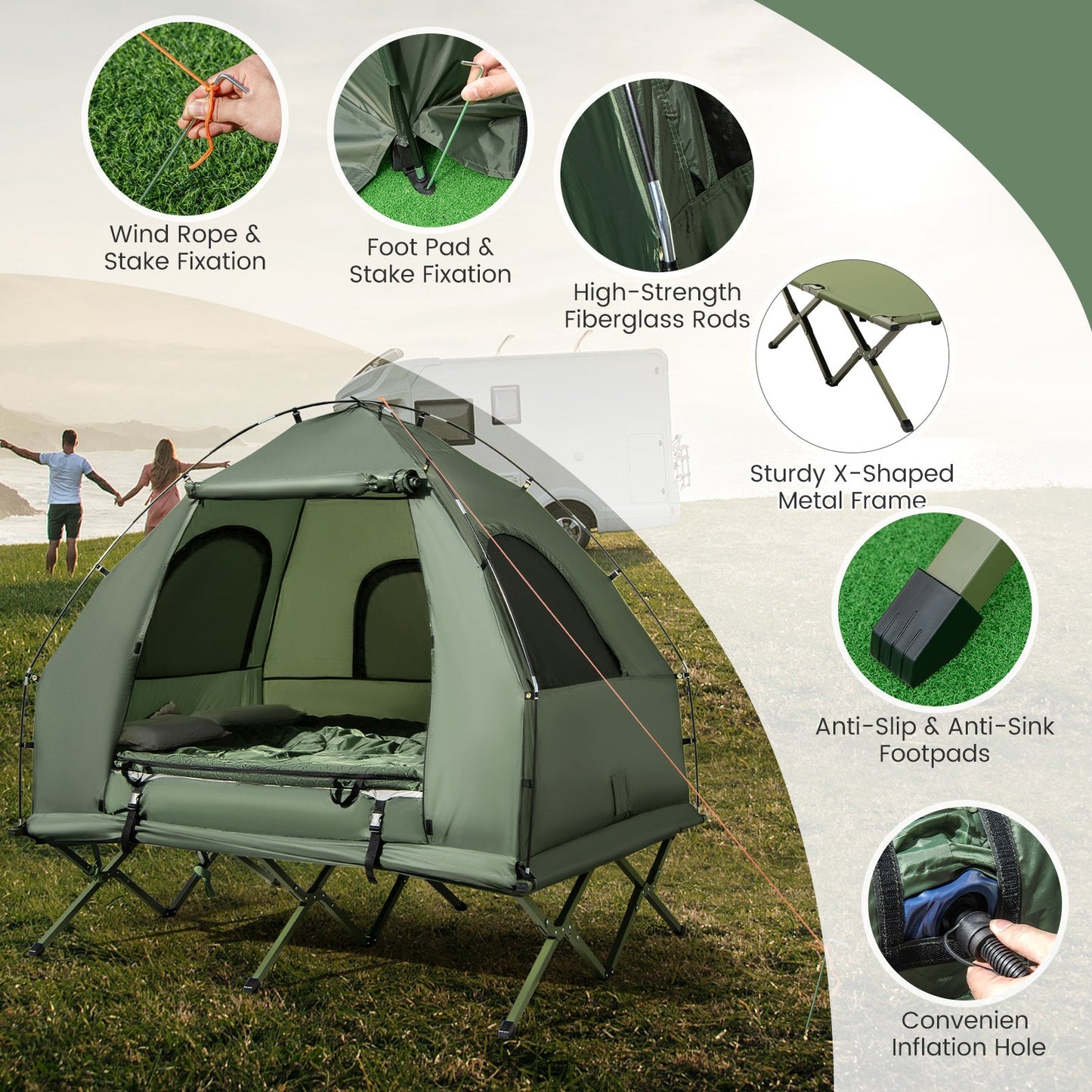 Tent Cot 2Pax Foldable w/Mattress/Sleeping Bag 5-in-1