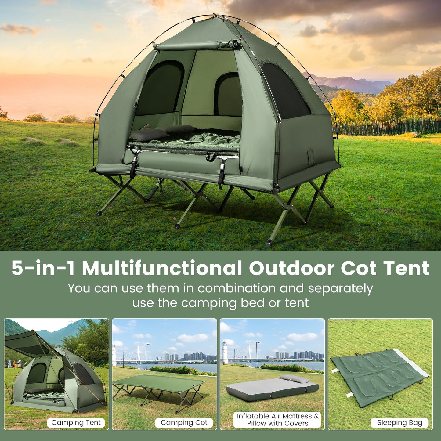 Tent Cot 2Pax Foldable w/Mattress/Sleeping Bag 5-in-1