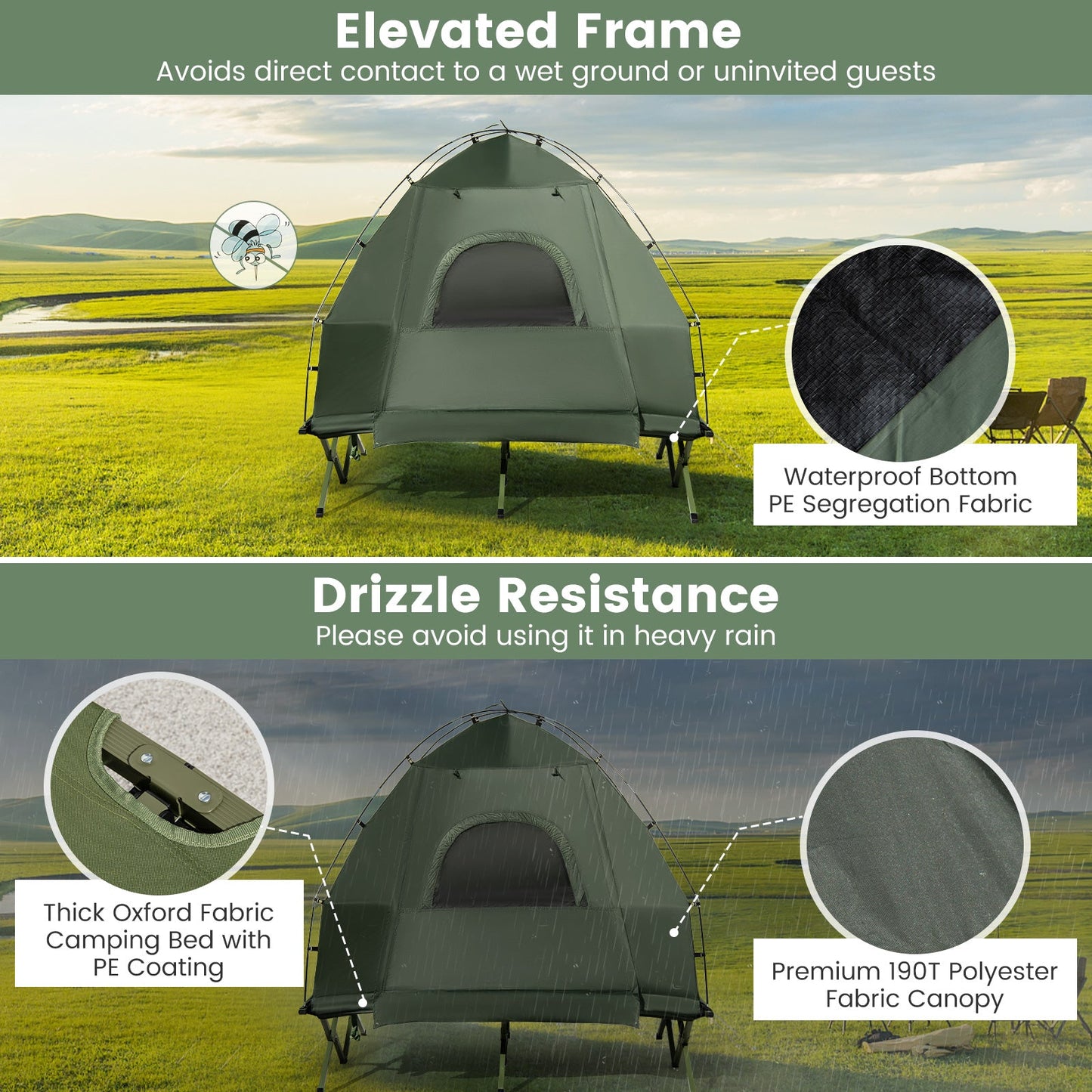 Tent Cot 2Pax Foldable w/Mattress/Sleeping Bag 5-in-1