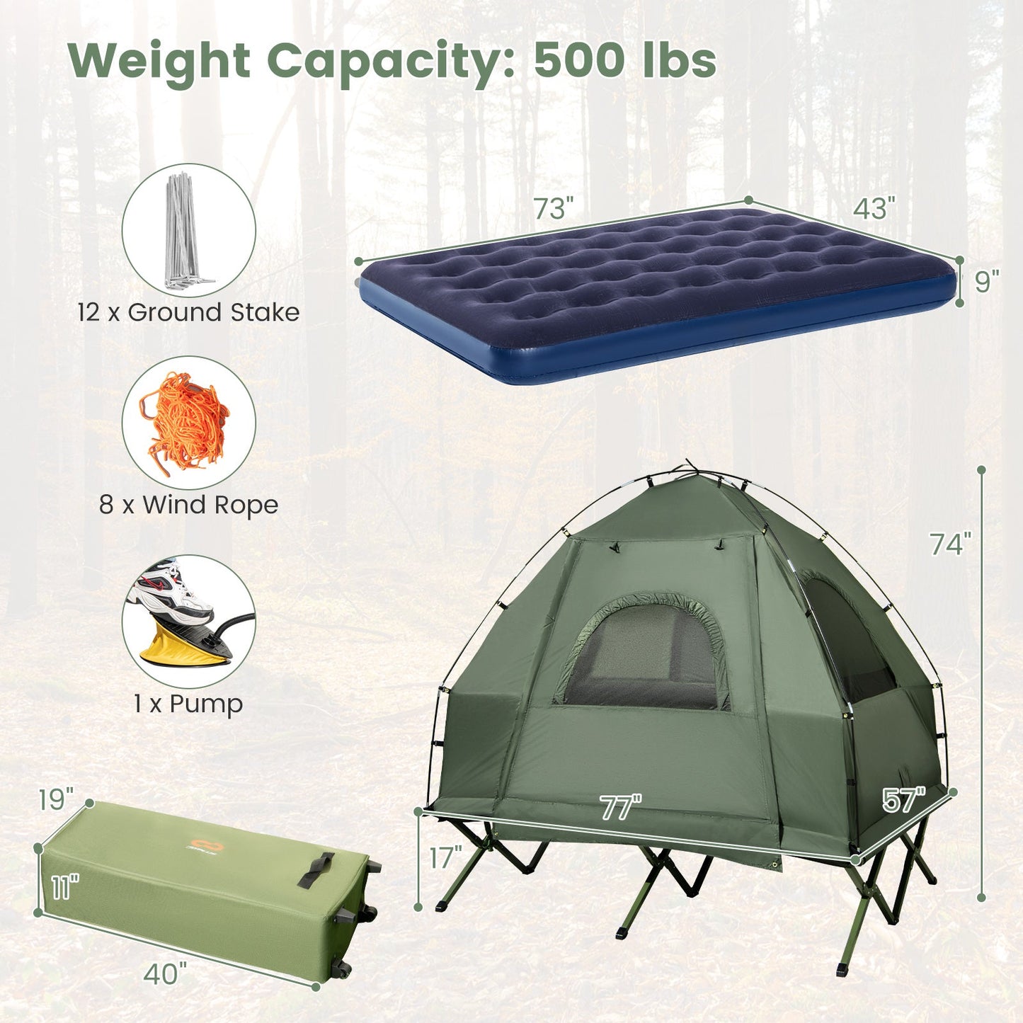 Tent Cot 2Pax Foldable w/Mattress/Sleeping Bag 5-in-1