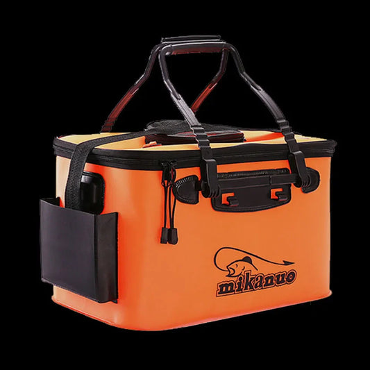 AlphaLife247 Collapsible EVA Fishing Bait and Tackle Bag with integrated oxygen pump pocket and net lid.