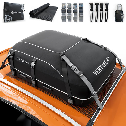 AlphaLife247 21 cubic foot waterproof rooftop cargo carrier with lifetime replacement guarantee, perfect for securing camping and adventure gear during outdoor road trips.