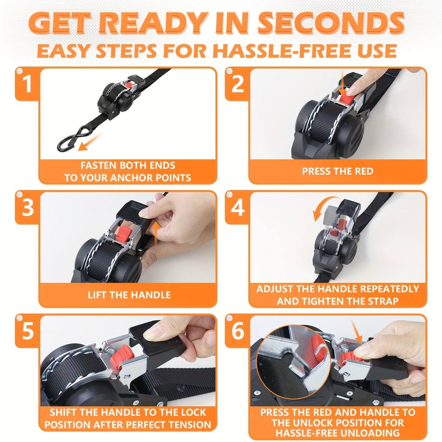 Straps Cargo Ratchet Tie Down Retractable 10' 4pc