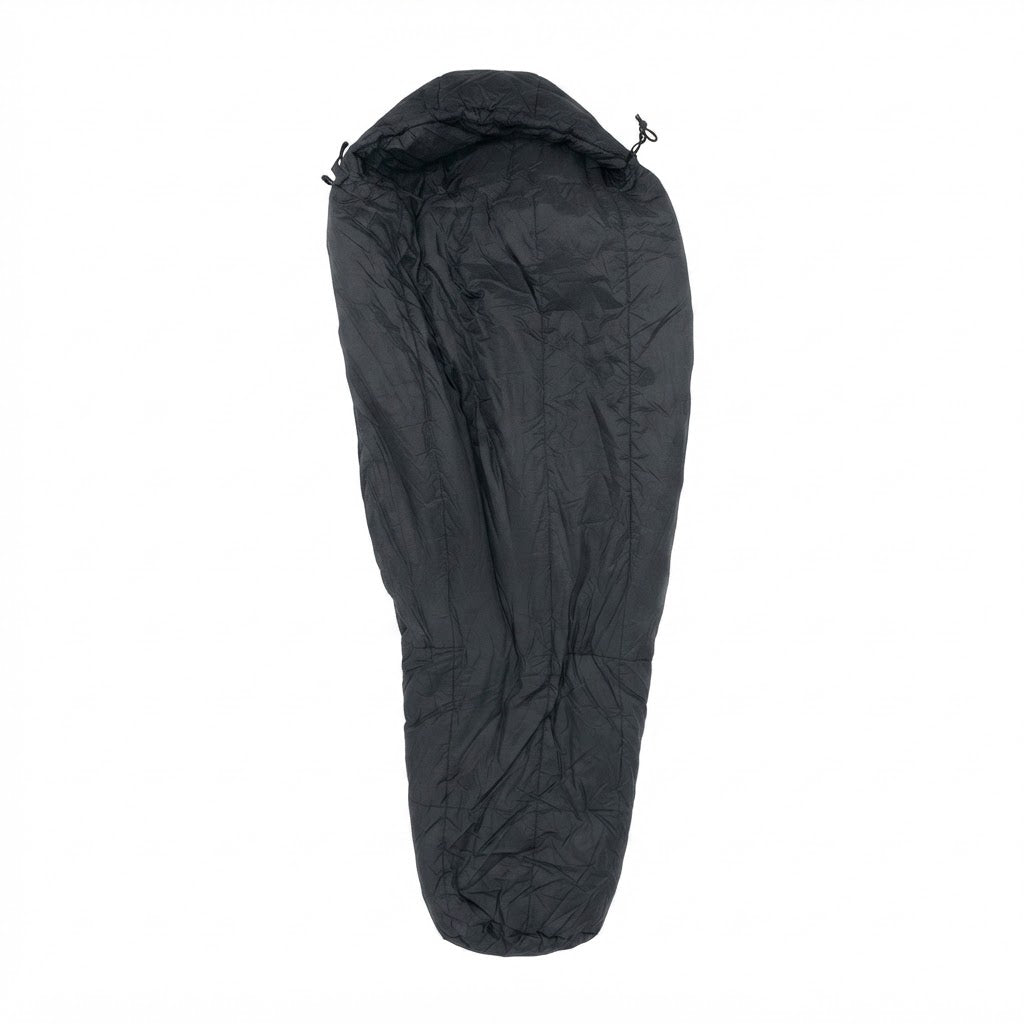 Genuine U.S. military-issue black intermediate sleeping bag, showcasing its mummy-style design and hood adjustment for cold-weather field operations.