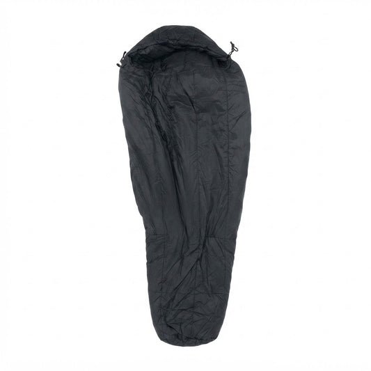 Genuine U.S. military-issue black intermediate sleeping bag, showcasing its mummy-style design and hood adjustment for cold-weather field operations.