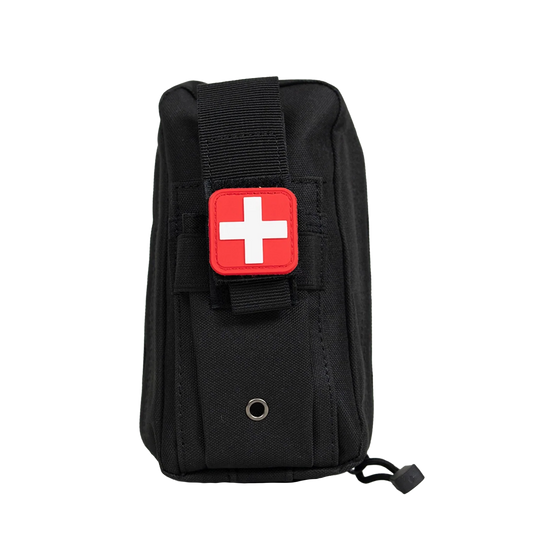 AlphaLife247 Emerge On-Hand First Aid Kit (OHFAK) black trauma pouch for severe bleeding, gunshot wounds, burns, and lacerations.